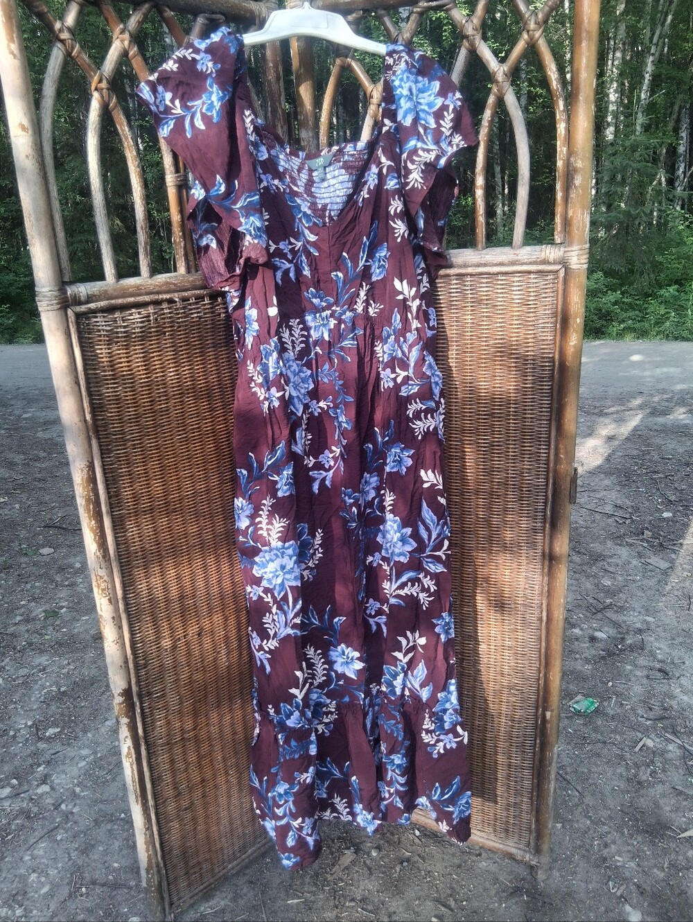 Terra & Sky Maroon Maxi Dress with Blue Floral Print🦋💙